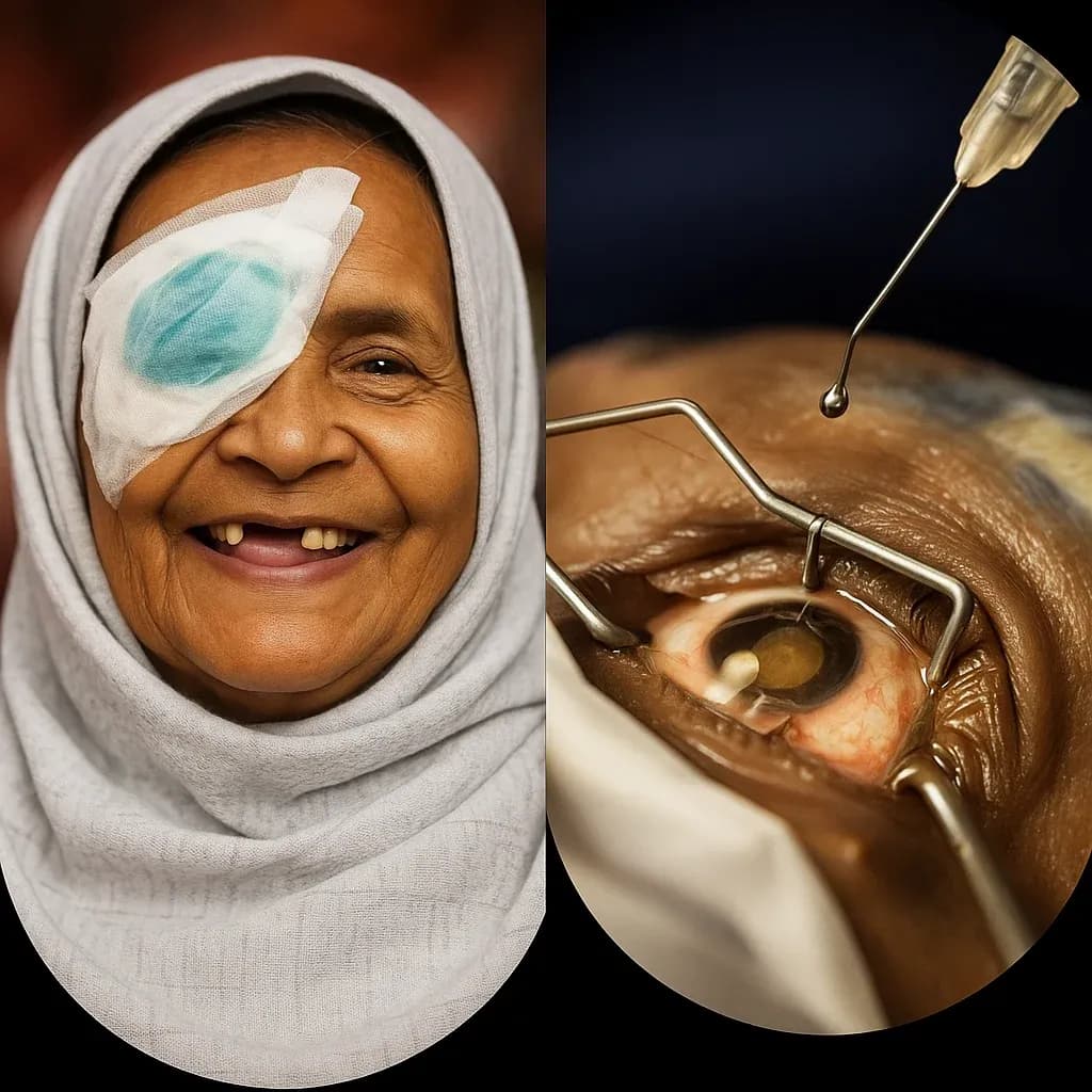An elderly woman smiling with an eye patch after cataract surgery, and a close-up of an eye undergoing cataract surgery